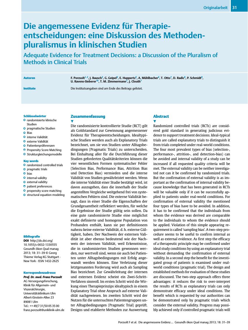 Vorschauseite 1: Die angemessene Evidenz für Therapieentscheidungen: eine Diskussion des Methodenpluralismus in klinischen Studien