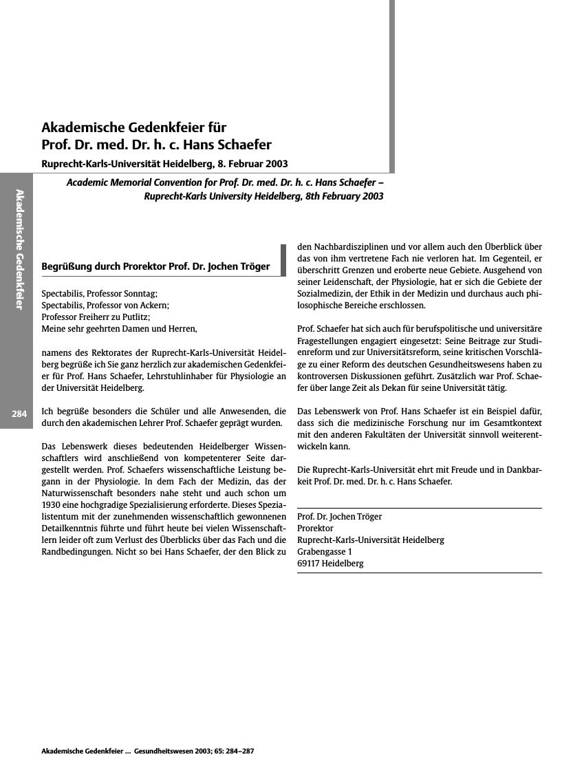 Vorschauseite 1: Akademische Gedenkfeier für Prof. Dr. med. Dr. h. c. Hans Schaefer