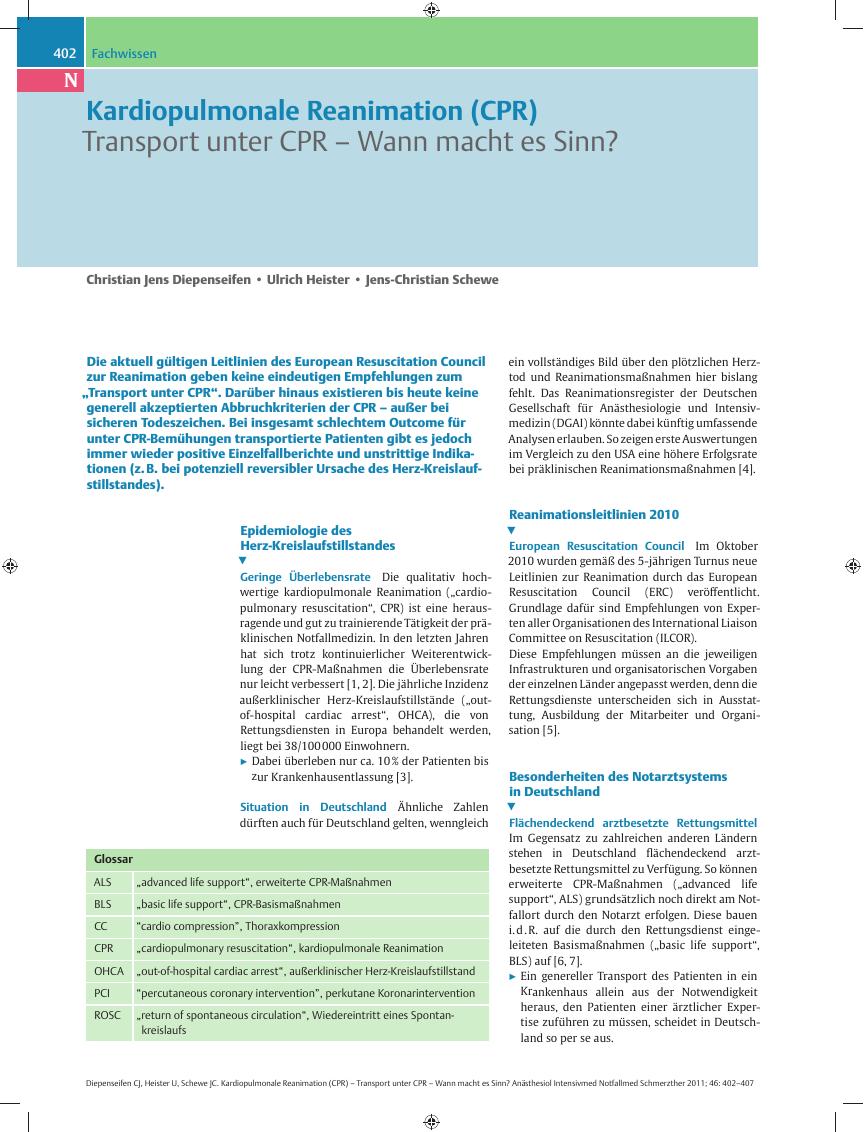 Vorschauseite 1: Kardiopulmonale Reanimation (CPR) – Transport unter CPR – Wann macht es Sinn?