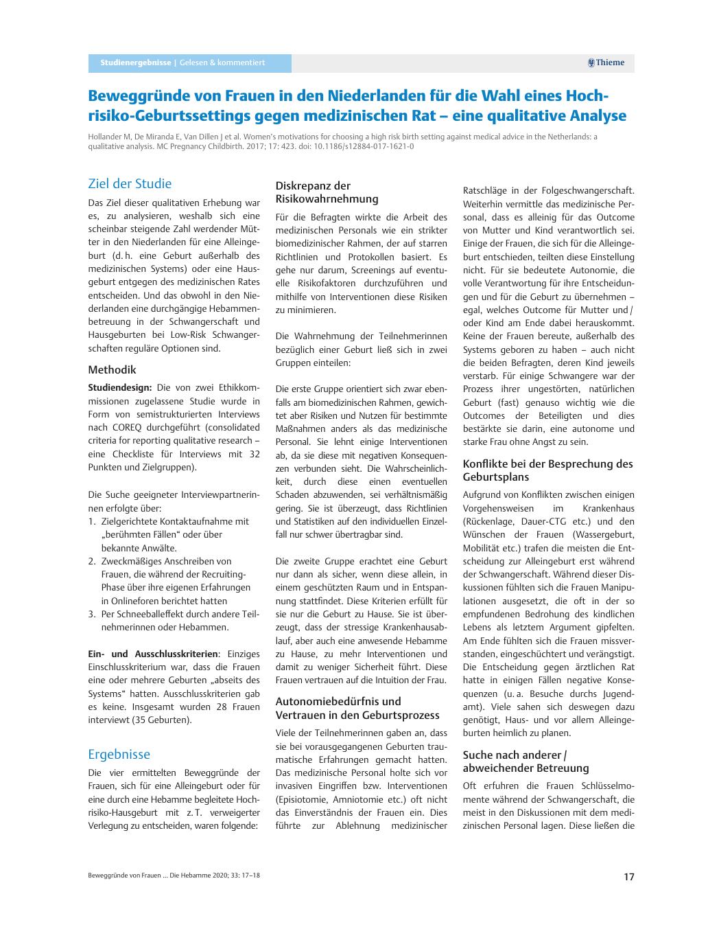 Vorschauseite 1: Beweggründe von Frauen in den Niederlanden für die Wahl eines Hochrisiko-Geburtssettings gegen medizinischen Rat – eine qualitative Analyse