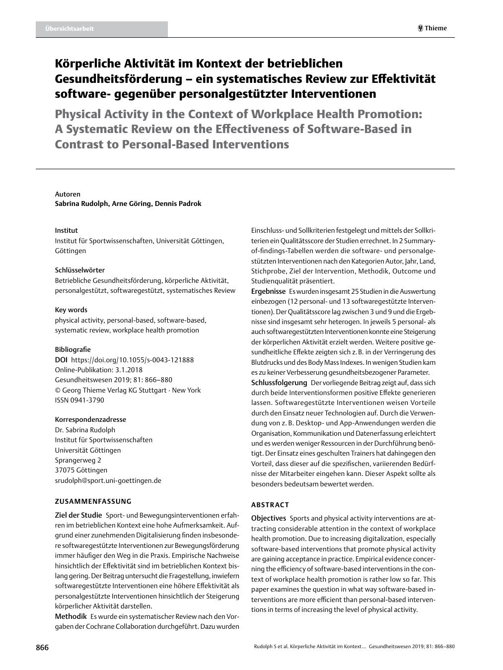 Vorschauseite 1: Körperliche Aktivität im Kontext der betrieblichen Gesundheitsförderung – ein systematisches Review zur Effektivität softwaregegenüber personalgestützter Interventionen
