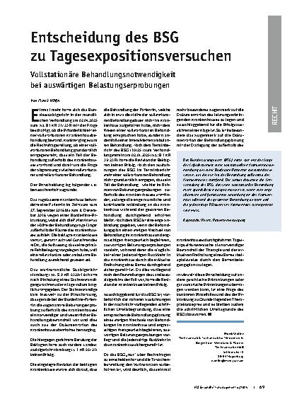 Vorschauseite 1: Entscheidung des BSG zu Tagesexpositionsversuchen Vollstationäre Behandlungsnotwendigkeit bei auswärtigen Belastungserprobungen