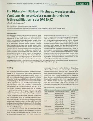 Vorschauseite 1: Zur Diskussion: Plädoyer für eine aufwandsgerechte Vergütung der neurologisch-neurochirurgischen Frührehabilitation in der DRG B43Z