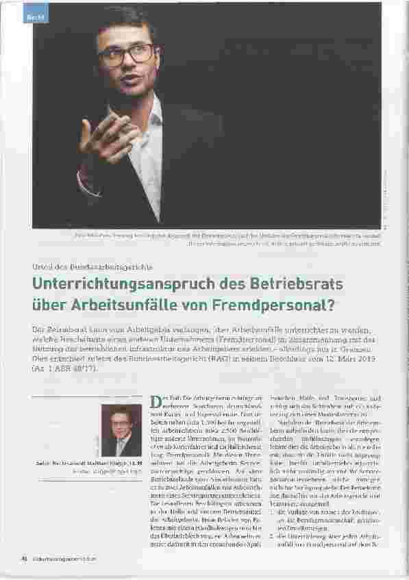 Vorschauseite 1: Unterrichtungsanspruch des Betriebsrats über Arbeitsunfälle von Fremdpersonal?