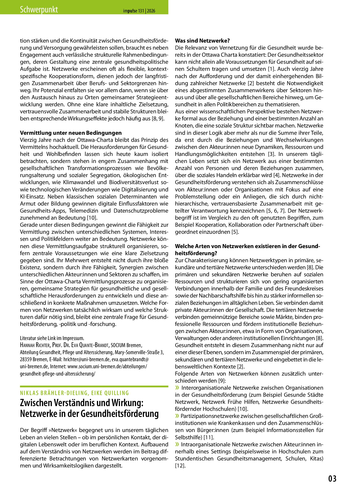 Vorschauseite 1: Zwischen Verständnis und Wirkung: Netzwerk, Netzwerke in der Gesundheitsförderung