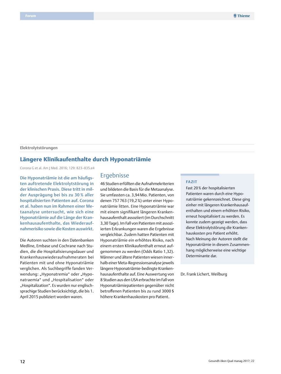 Vorschauseite 1: Elektrolytstörungen – Längere Klinikaufenthalte durch Hyponatriämie