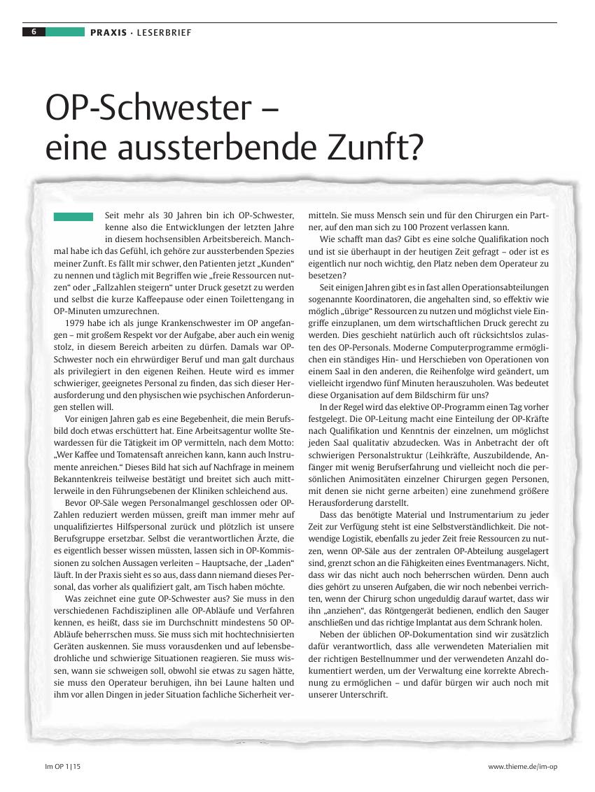 Vorschauseite 1: OP-Schwester – eine aussterbende Zunft?
