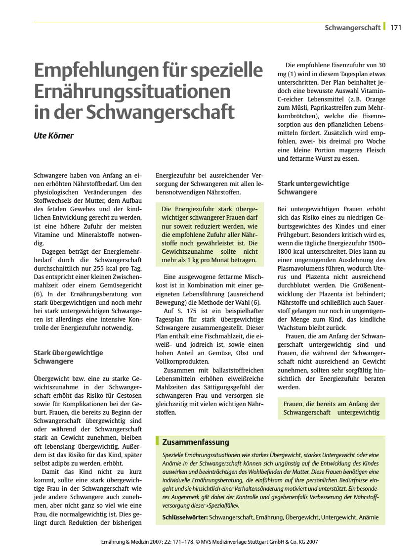 Vorschauseite 1: Empfehlungen für spezielle Ernährungssituationen in der Schwangerschaft