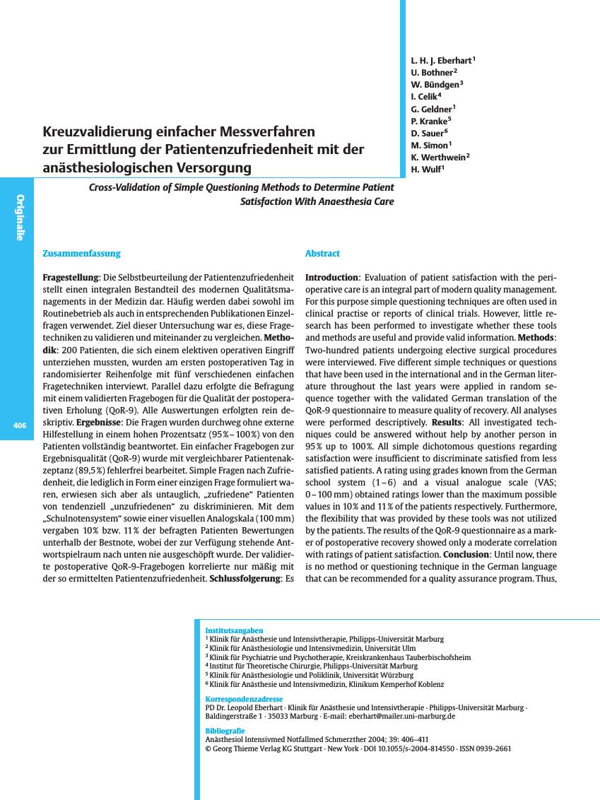 Vorschauseite 1: Kreuzvalidierung einfacher Messverfahren zur Ermittlung der Patientenzufriedenheit mit der anästhesiologischen Versorgung