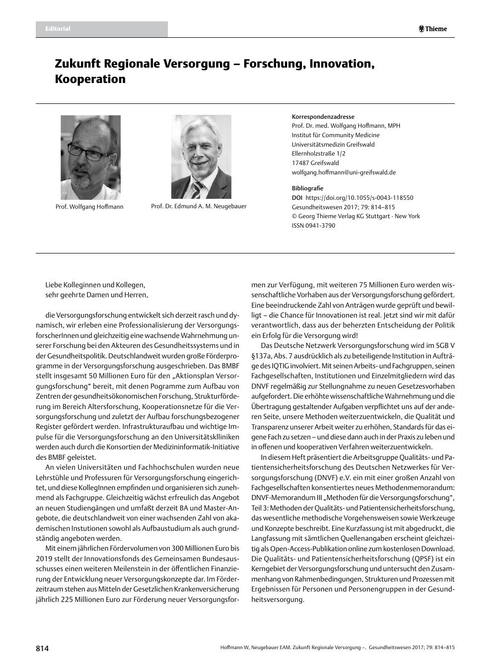 Vorschauseite 1: Zukunft Regionale Versorgung ? Forschung, Innovation, Kooperation