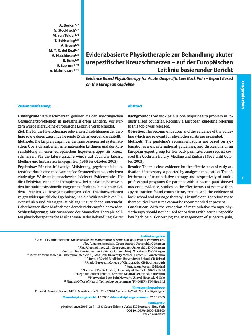 Vorschauseite 1: Evidenzbasierte Physiotherapie zur Behandlung akuter unspezifischer Kreuzschmerzen - auf der Europäischen Leitlinie basierender Bericht