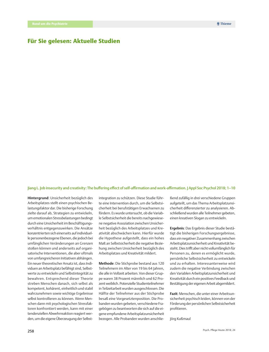 Vorschauseite 1: Für Sie gelesen: Aktuelle Studien: Jiang L. Job insecurity and creativity: The buffering effect of self-affirmation and work-affirmation. J Appl Soc Psychol 2018; 1?10