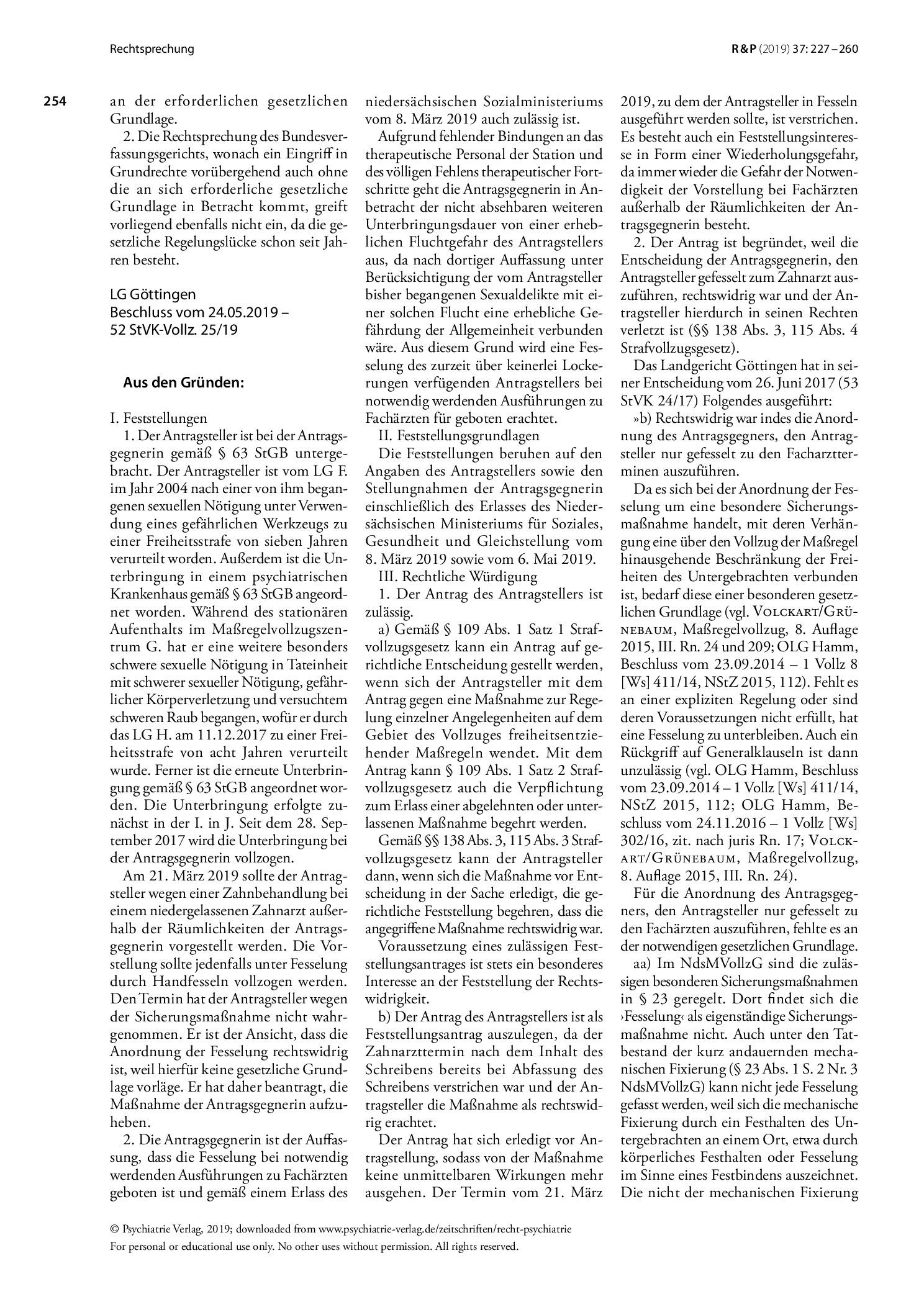 Vorschauseite 2: Fesselung eines im Maßregelvollzug Untergebrachten bei Ausführung zu ärztlicher Behandlung