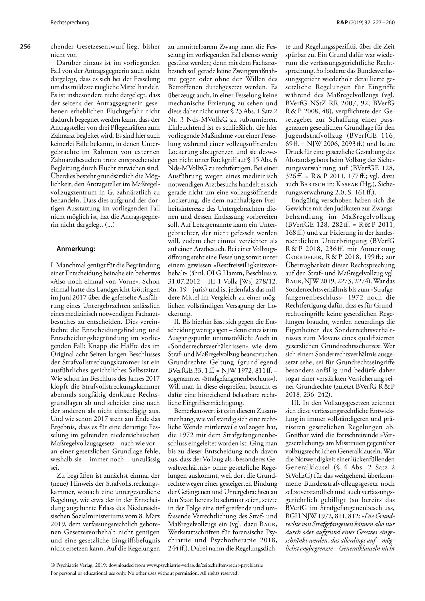 Vorschauseite 4: Fesselung eines im Maßregelvollzug Untergebrachten bei Ausführung zu ärztlicher Behandlung