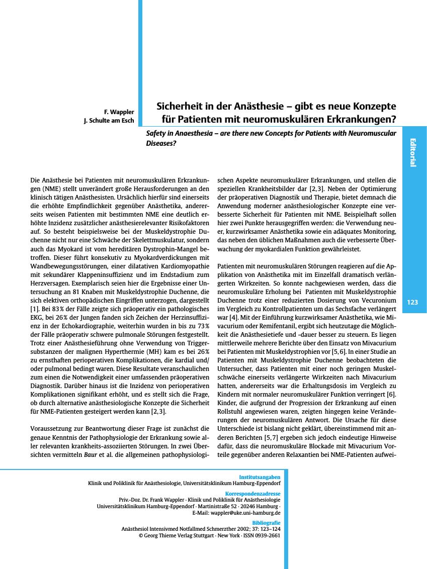 Vorschauseite 1: Sicherheit in der Anästhesie - gibt es neue Konzepte für Patienten mit neuromuskulären Erkrankungen?