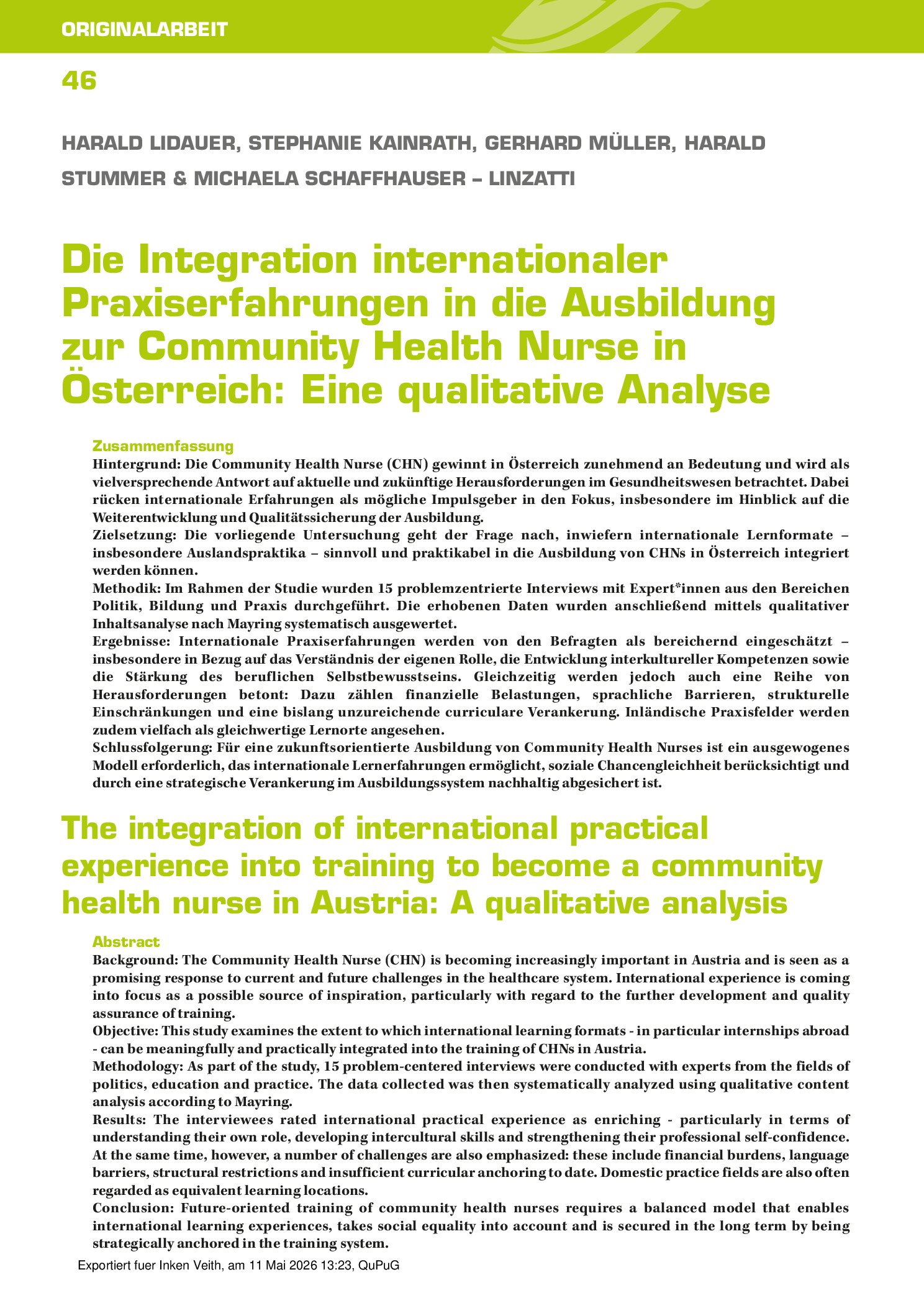Vorschauseite 1: Die Integration internationaler Praxiserfahrungen in die Ausbildung zur Community Health Nurse in Österreich: Eine qualitative Analyse