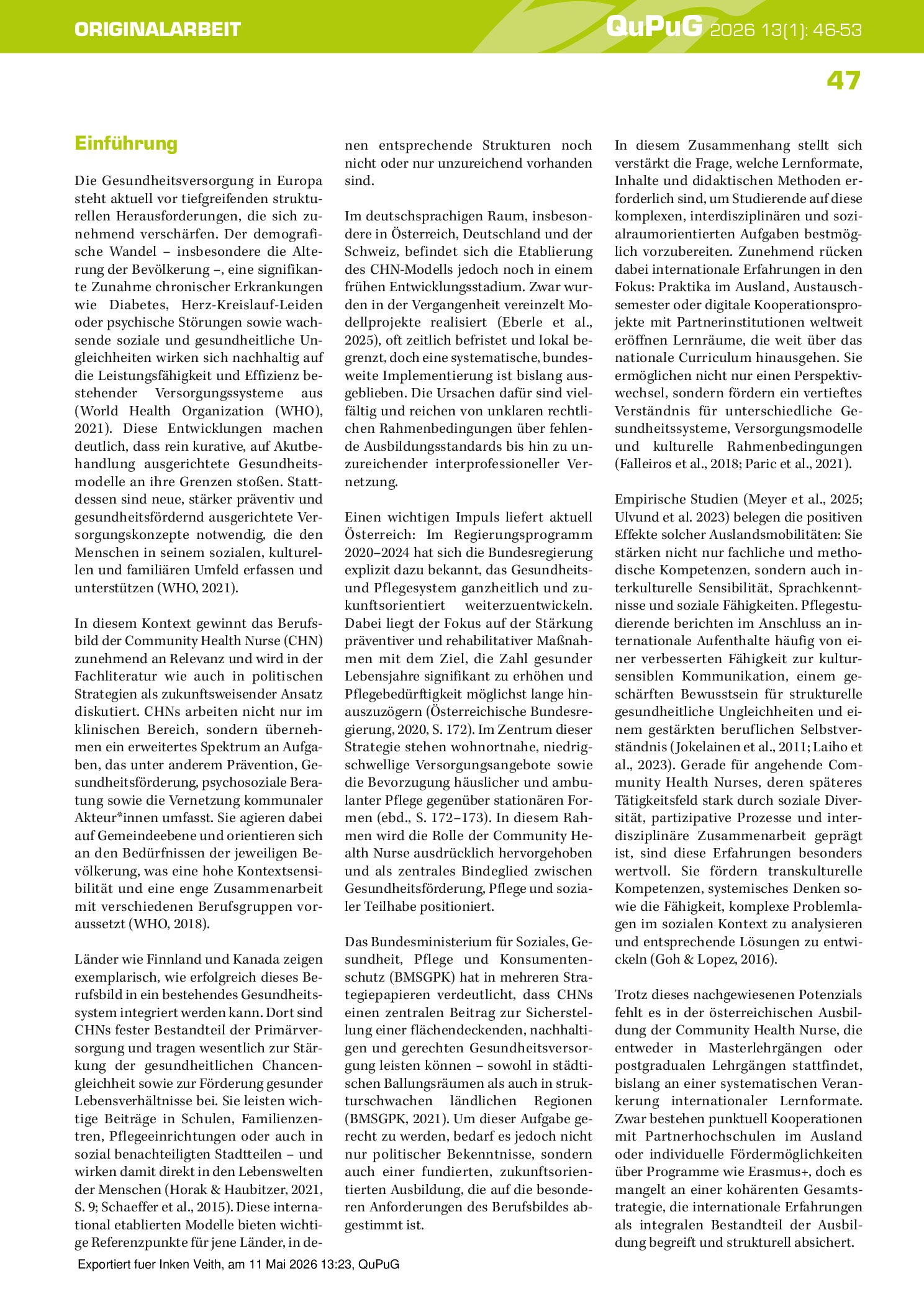 Vorschauseite 2: Die Integration internationaler Praxiserfahrungen in die Ausbildung zur Community Health Nurse in Österreich: Eine qualitative Analyse