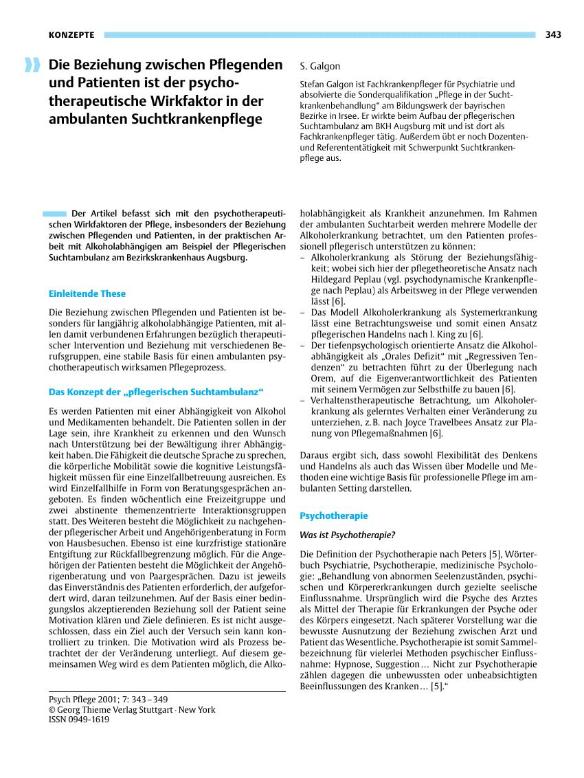 Vorschauseite 1: Die Beziehung zwischen Pflegenden und Patienten ist der psychotherapeutische Wirkfaktor in der ambulanten Suchtkrankenpflege