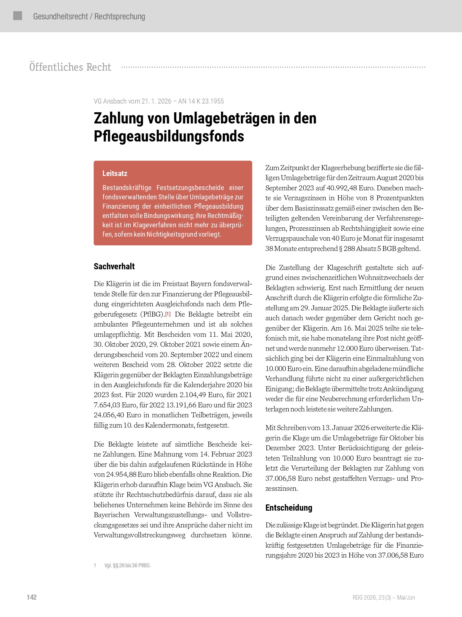 Vorschauseite 1: Zahlung von Umlagebeträgen in den Pflegeausbildungsfonds