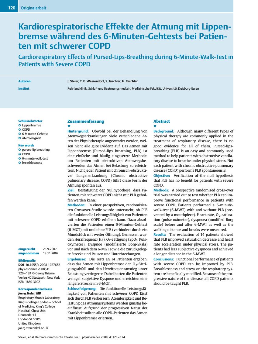 Vorschauseite 1: Kardiorespiratorische Effekte der Atmung mit Lippenbremse während des 6-Minuten-Gehtests bei Patienten mit schwerer COPD