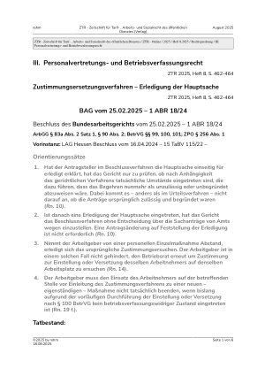 Vorschauseite 1: III. Personalvertretungsund Betriebsverfassungsrecht Zustimmungsersetzungsverfahren – Erledigung der Hauptsache