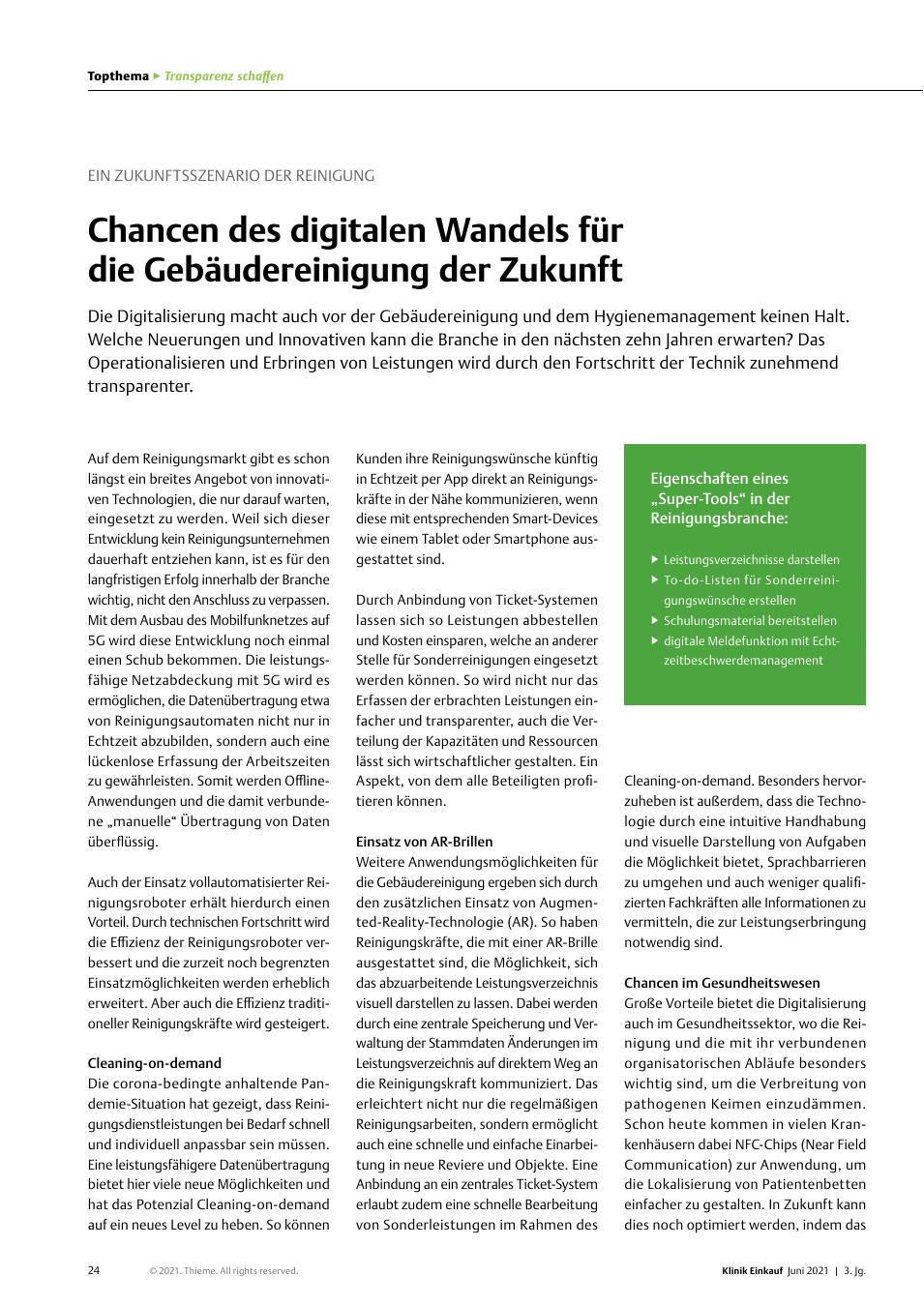 Vorschauseite 1: Ein Zukunftsszenario der Reinigung: Chancen des digitalen Wandels für die Gebäudereinigung der Zukunft