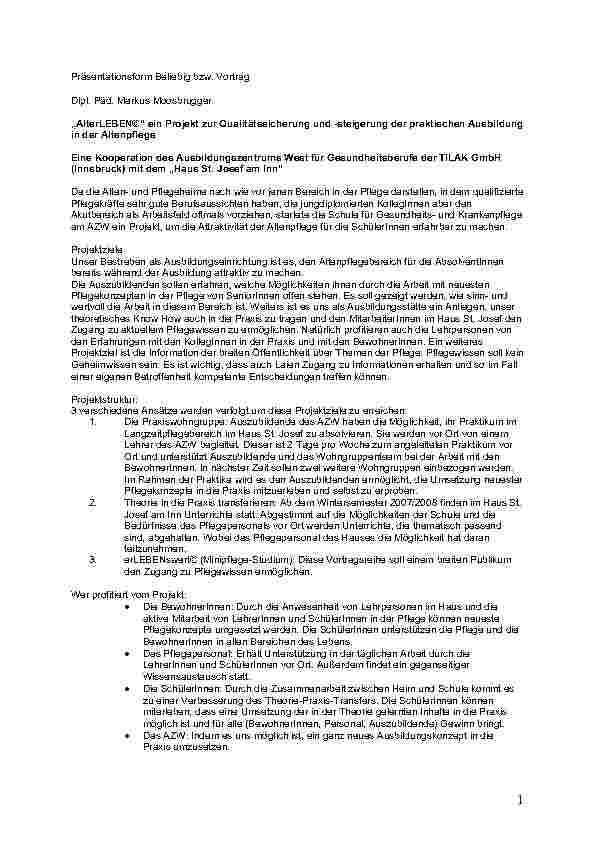 Vorschauseite 1: AlterLEBEN©“ ein Projekt zur Qualitätssicherung und -steigerung der praktischen Ausbildung in der Altenpflege