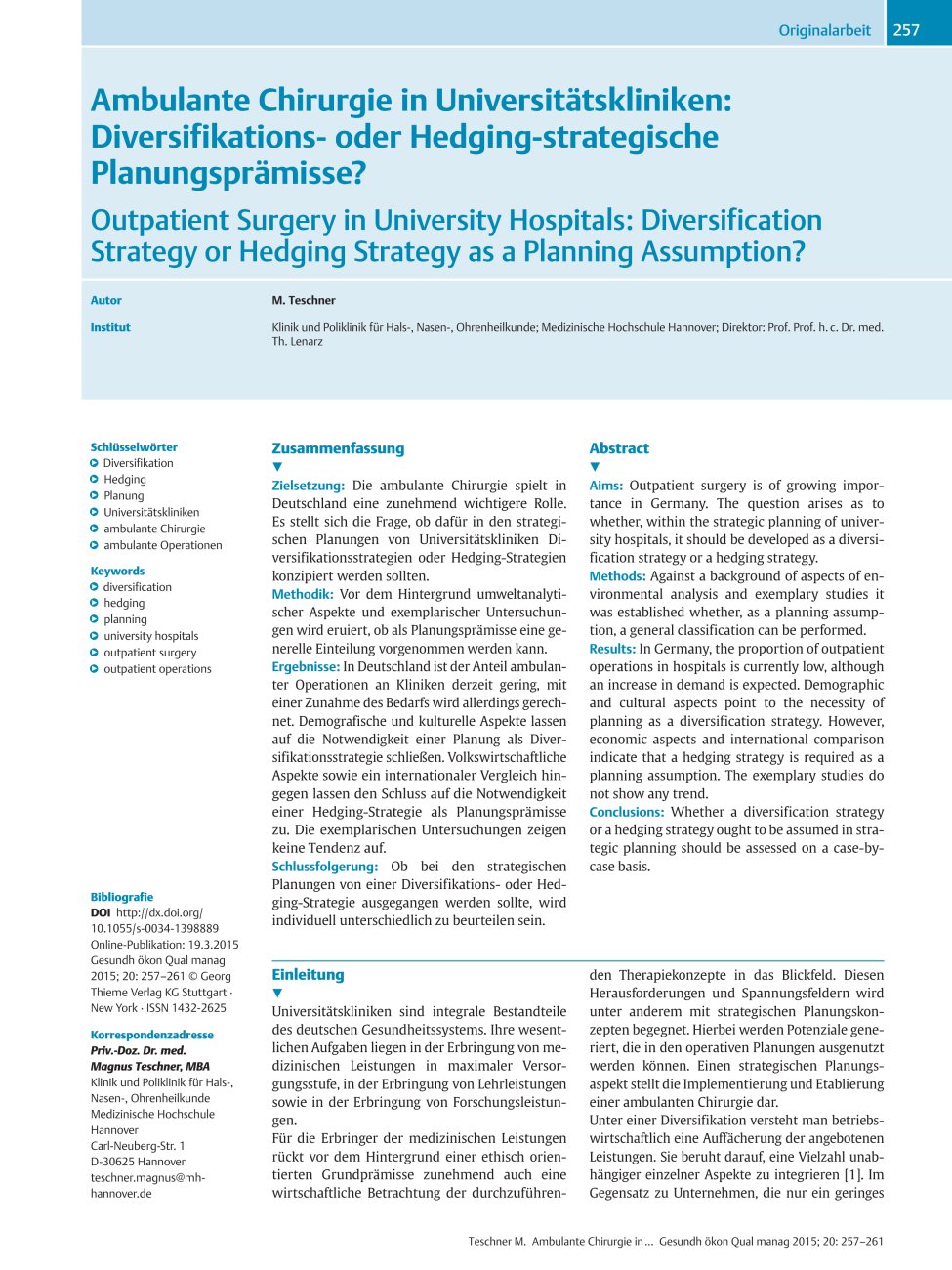 Vorschauseite 1: Ambulante Chirurgie in Universitätskliniken: Diversifikationsoder Hedging-strategische Planungsprämisse?