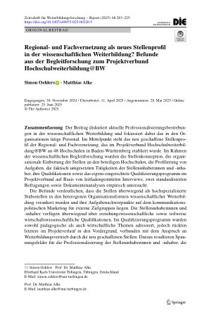 Vorschauseite 1: Regionalund Fachvernetzung als neues Stellenprofil in der wissenschaftlichen Weiterbildung? Befunde aus der Begleitforschung zum Projektverbund Hochschulweiterbildung@BW