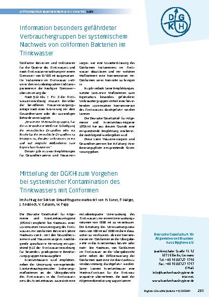 Vorschauseite 1: Mustervorlage für die Information der Allgemeinbevölkerung und medizinischer Einrichtungen durch den Wasserversorger bei Nachweis einer systemischen Verunreinigung des Trinkwasser…