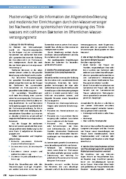 Vorschauseite 2: Mustervorlage für die Information der Allgemeinbevölkerung und medizinischer Einrichtungen durch den Wasserversorger bei Nachweis einer systemischen Verunreinigung des Trinkwasser…