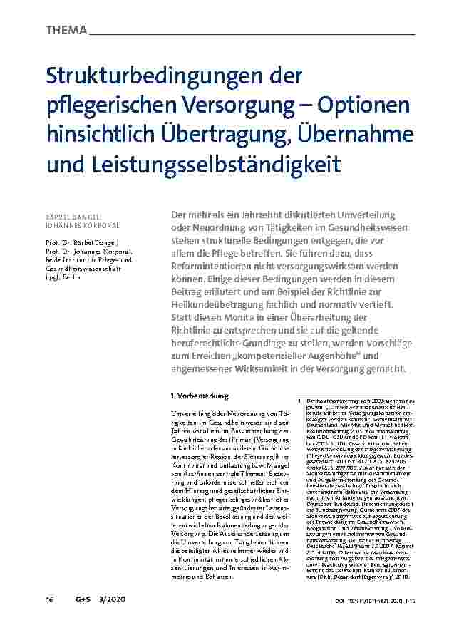 Vorschauseite 1: Strukturbedingungen der pflegerischen Versorgung – Optionen hinsichtlich Übertragung, Übernahme und Leistungsselbständigkeit