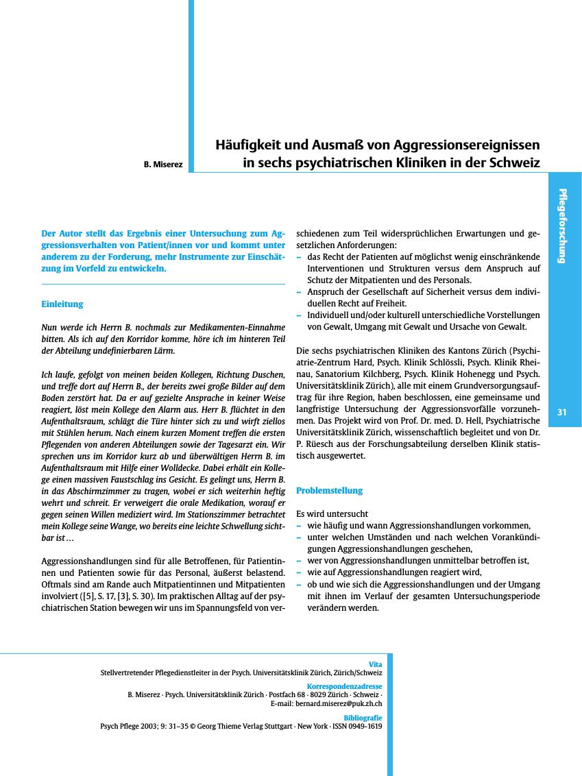 Vorschauseite 1: Häufigkeit und Ausmaß von Aggressionsereignissen in sechs psychiatrischen Kliniken in der Schweiz