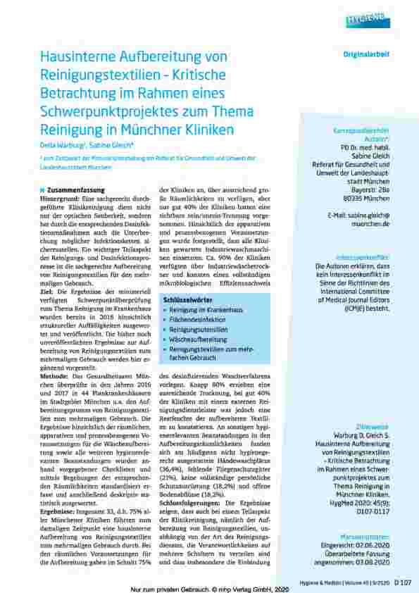 Vorschauseite 1: Hausinterne Aufbereitung von Reinigungstextilien - Kritische Betrachtung im Rahmen eines Schwerpunktprojekts zum Thema Reinigung in Münchner Kliniken