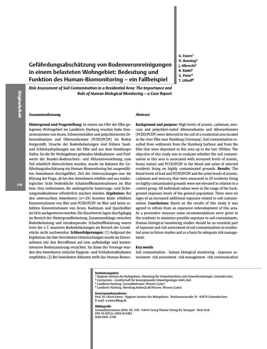 Vorschauseite 1: Gefährdungsabschätzung von Bodenverunreinigungen in einem belasteten Wohngebiet: Bedeutung und Funktion des Human-Biomonitoring - ein Fallbeispiel