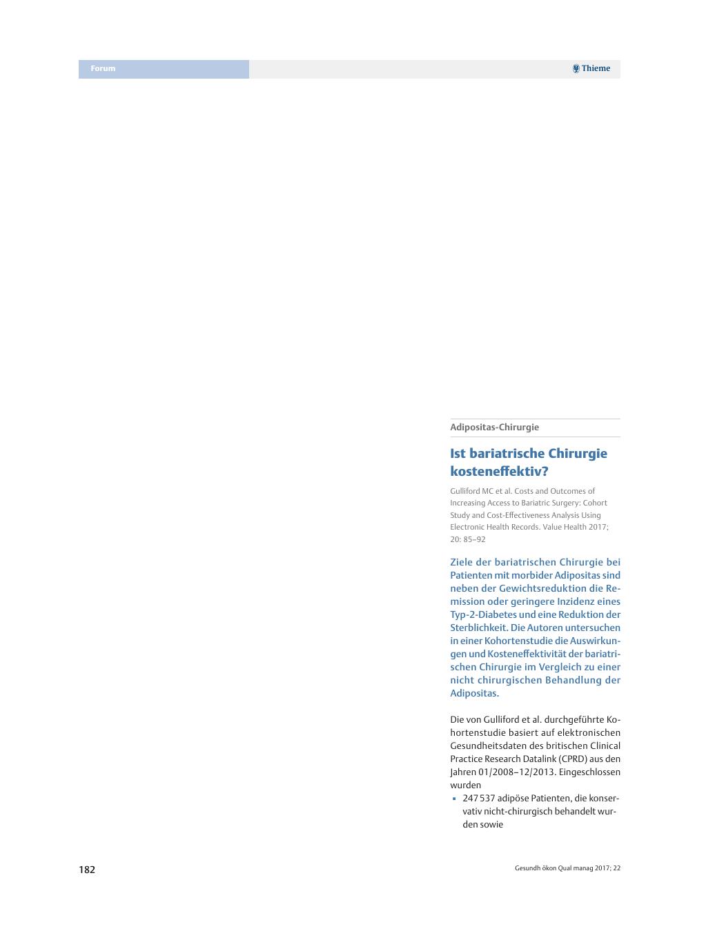 Vorschauseite 1: Adipositas-Chirurgie ? Ist bariatrische Chirurgie kosteneffektiv?