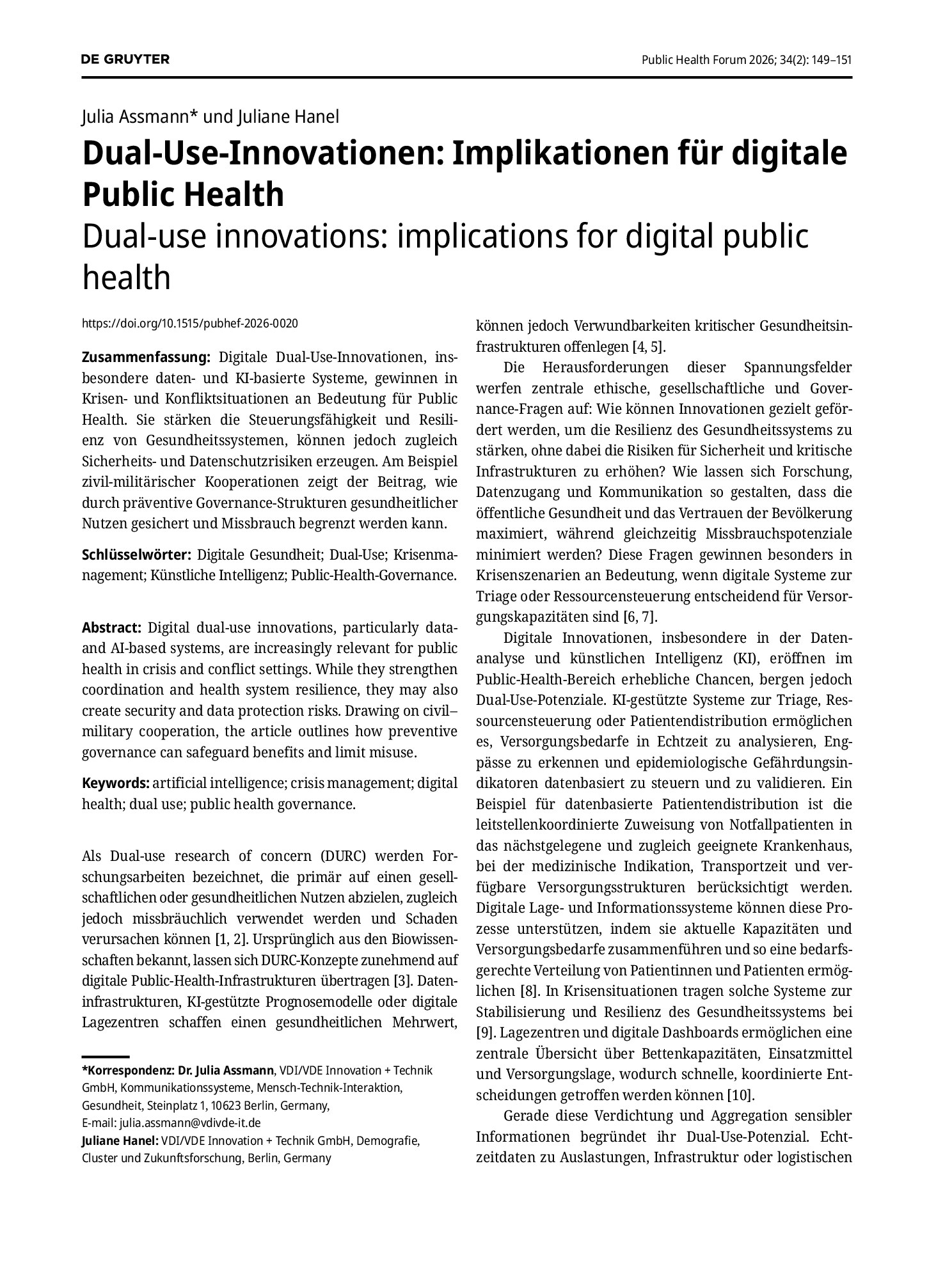 Vorschauseite 1: Dual-Use-Innovationen: Implikationen für digitale Public Health