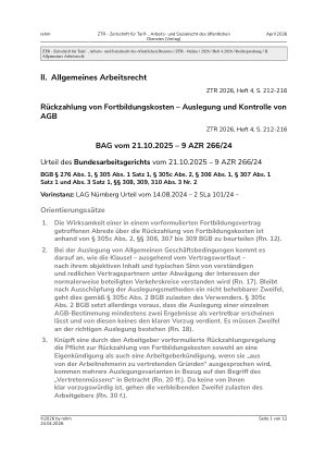 Vorschauseite 1: I. Allgemeines Arbeitsrecht. Rückzahlung von Fortbildungskosten – Auslegung und Kontrolle von AGB