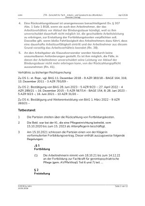 Vorschauseite 2: I. Allgemeines Arbeitsrecht. Rückzahlung von Fortbildungskosten – Auslegung und Kontrolle von AGB