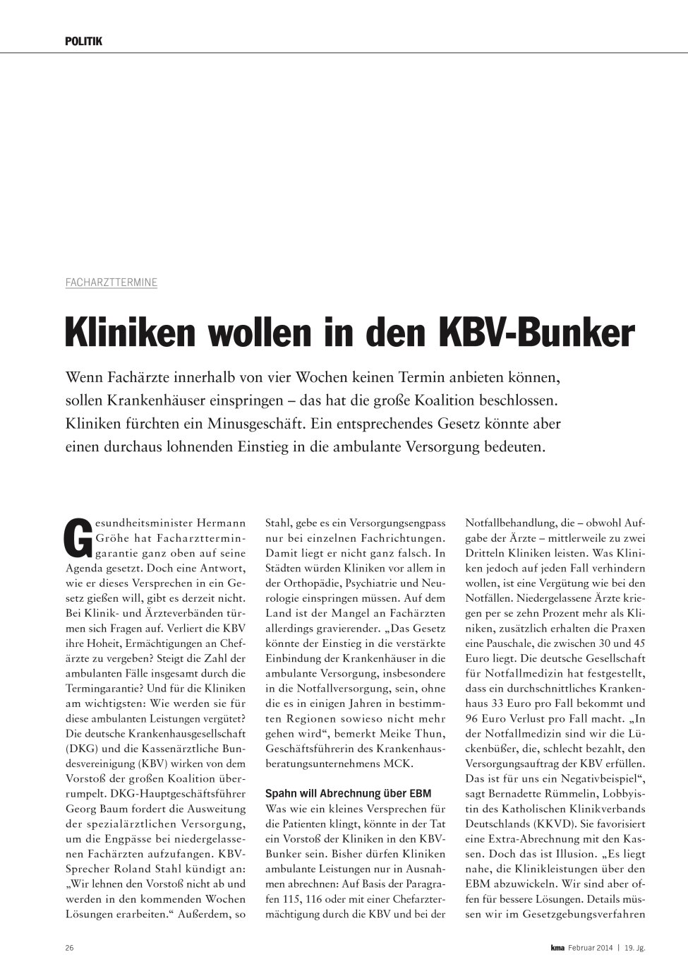 Vorschauseite 1: Kliniken wollen in den KBV-Bunker