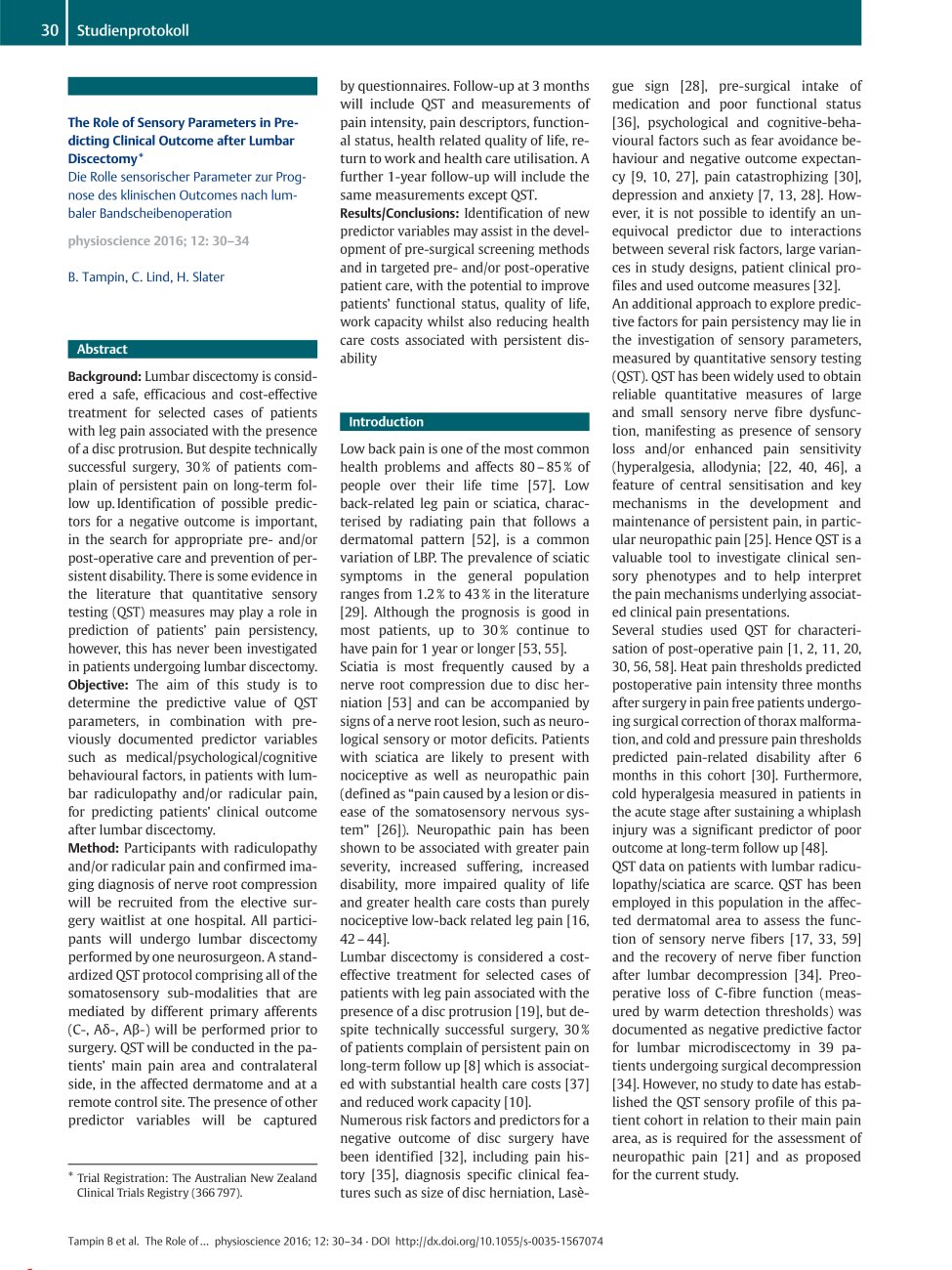 Vorschauseite 1: The Role of Sensory Parameters in Predicting Clinical Outcome after Lumbar Discectomy