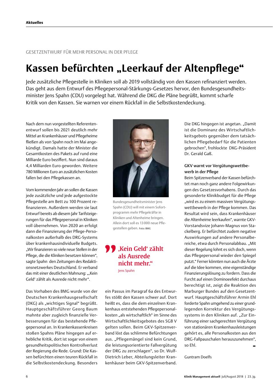 Vorschauseite 1: Gesetzentwurf für mehr Personal in der Pflege: Kassen befürchten ?Leerkauf der Altenpflege?