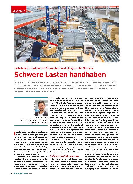 Vorschauseite 1: Hebehilfen erhalten die Gesundheit und steigern die Effizienz. Schwere Lasten handhaben.