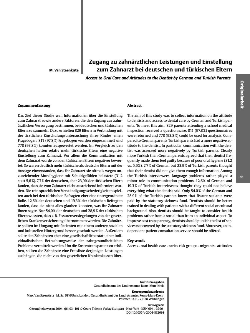 Vorschauseite 1: Zugang zu zahnärztlichen Leistungen und Einstellung zum Zahnarzt bei deutschen und türkischen Eltern