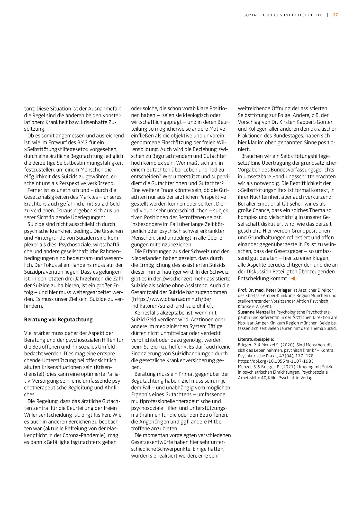 Vorschauseite 2: Brauchen wir ein Selbsttötungshilfegesetz? Zur aktuellen Diskussion nach dem Urteil des Bundesverfassungsgerichts zum § 217 StGB
