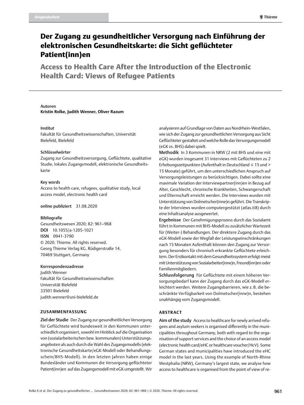 Vorschauseite 1: Der Zugang zu gesundheitlicher Versorgung nach Einführung der elektronischen Gesundheitskarte: die Sicht geflüchteter Patient(innen)