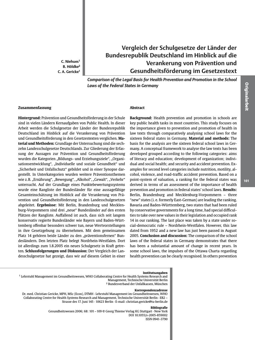 Vorschauseite 1: Vergleich der Schulgesetze der Länder der Bundesrepublik Deutschland im Hinblick auf die Verankerung von Prävention und Gesundheitsförderung im Gesetzestext