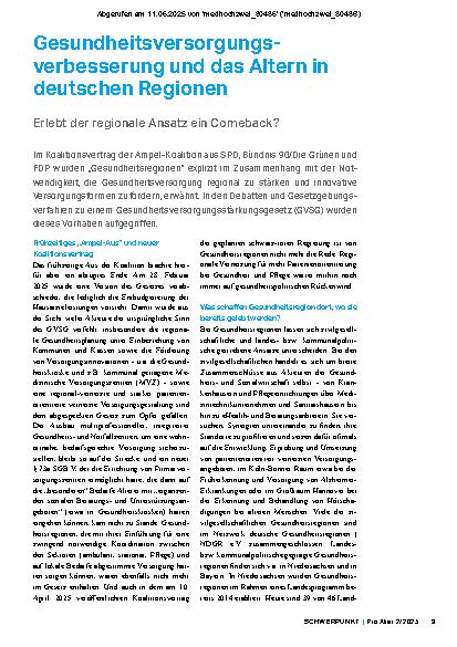 Vorschauseite 1: Gesundheitsversorgungsverbesserung und das Altern in deutschen Regionen Erlebt der regionale Ansatz ein Comeback?