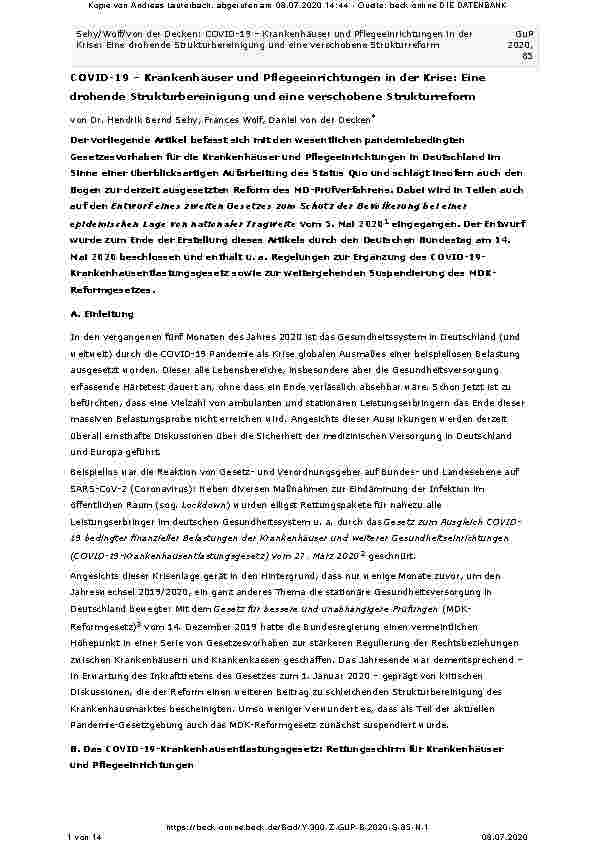 Vorschauseite 1: COVID-19 – Krankenhäuser und Pflegeeinrichtungen in der Krise: Eine drohende Strukturbereinigung und eine verschobene Strukturreform