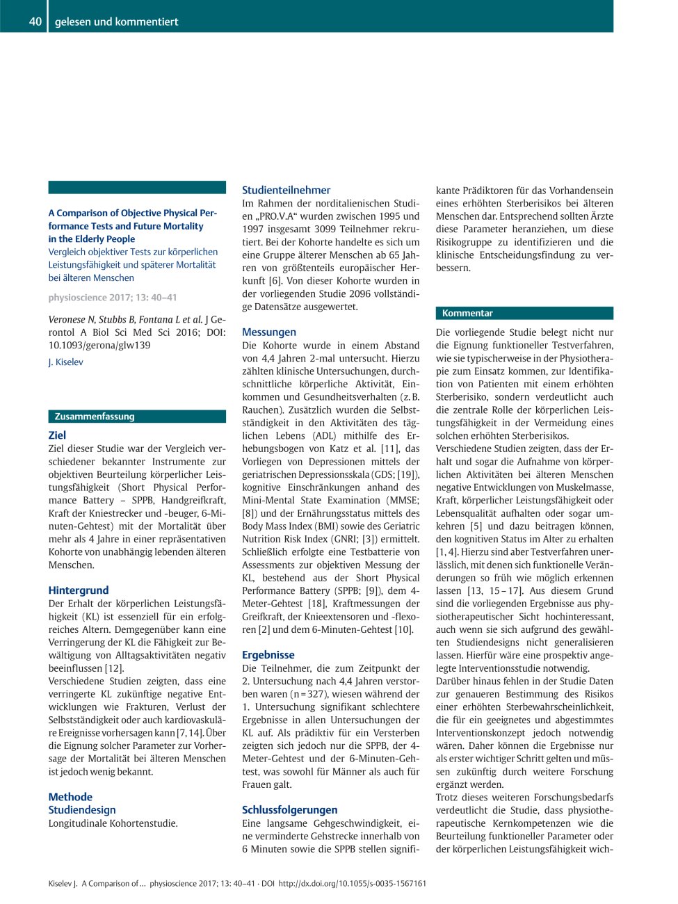 Vorschauseite 1: A Comparison of Objective Physical Performance Tests and Future Mortality in the Elderly People